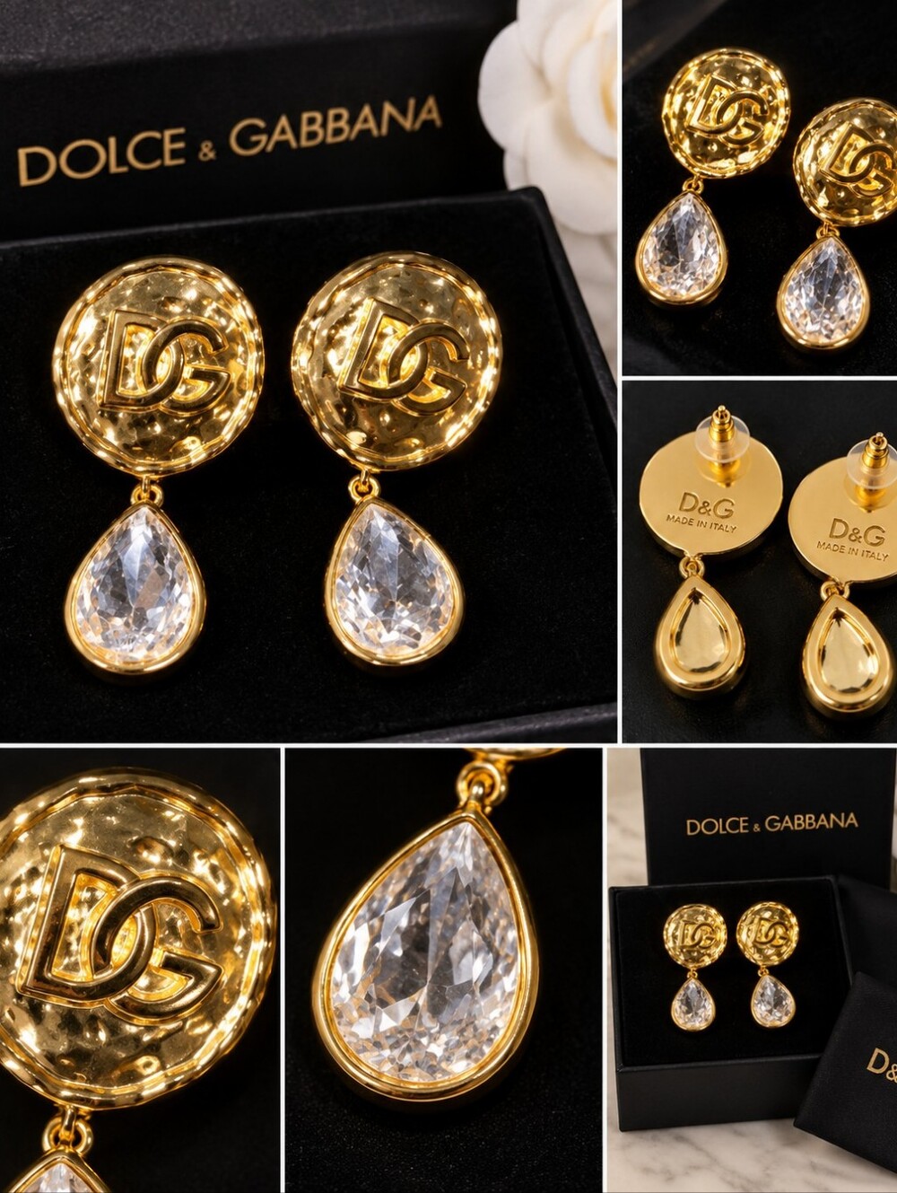 D&G Gold-Tone Drop Earrings with Clear Teardrop Stones